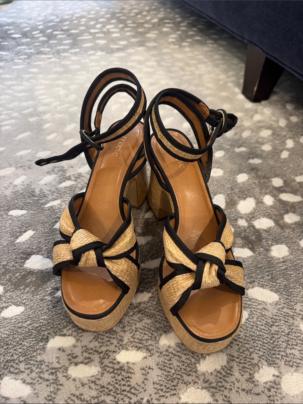 Anthropologie Natural Raffia Platform Sandals with Black Trim